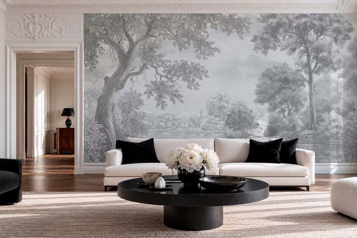 wall murals Gray forest scenery with a heron by the lake w05805v1