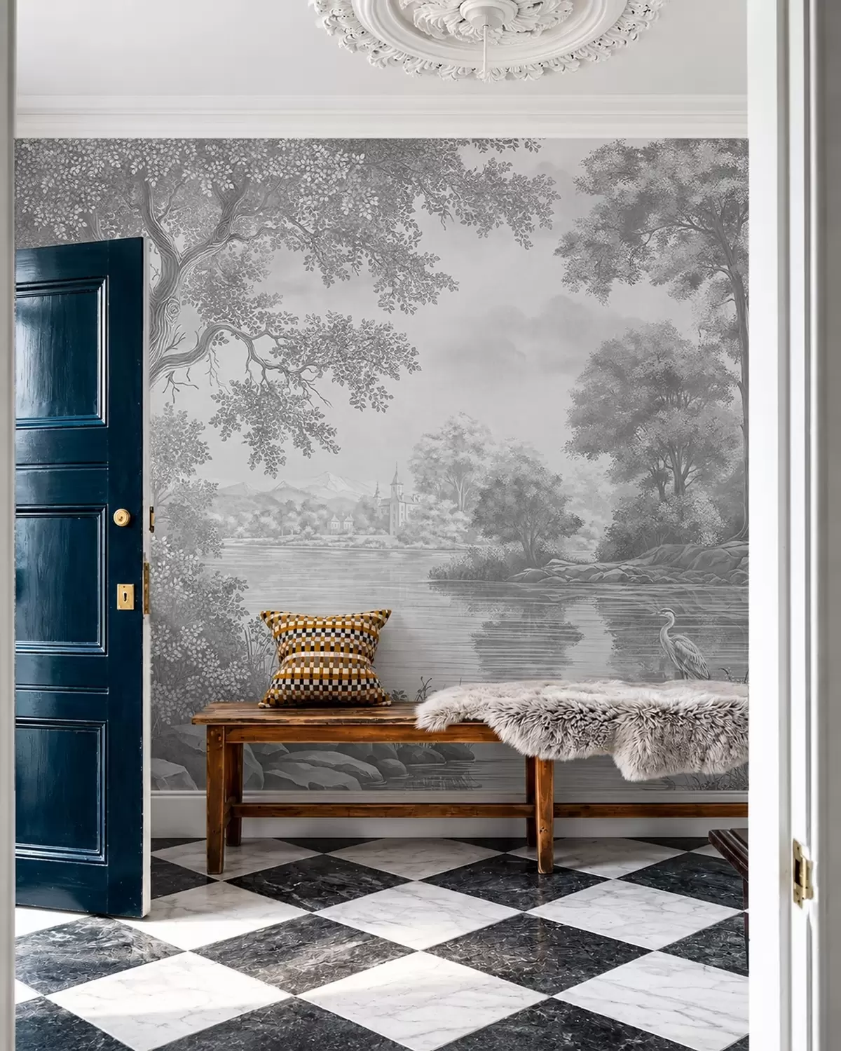 wall murals Gray forest scenery with a heron by the lake w05805v1
