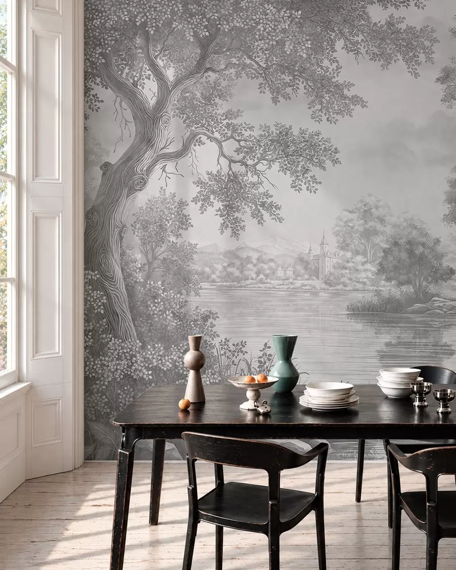 wall murals Gray forest scenery with a heron by the lake w05805v1