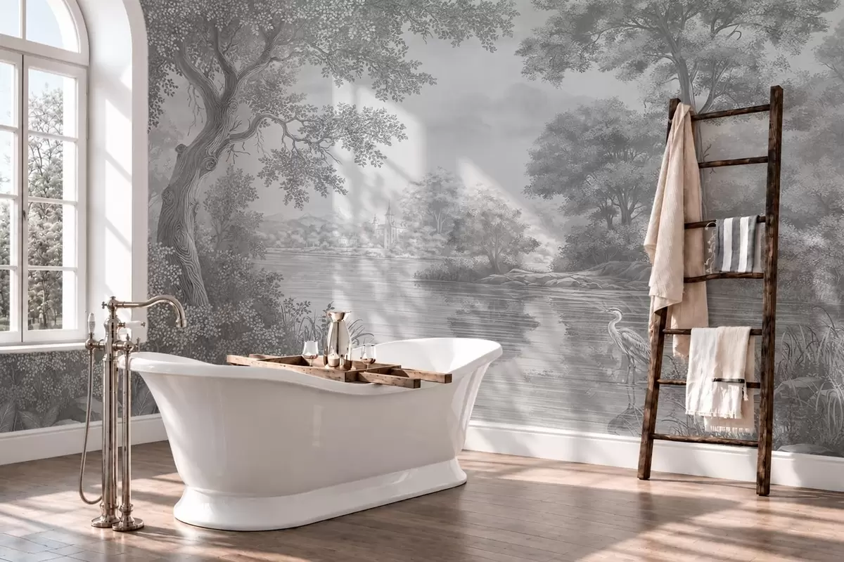 wall murals Gray forest scenery with a heron by the lake w05805v1