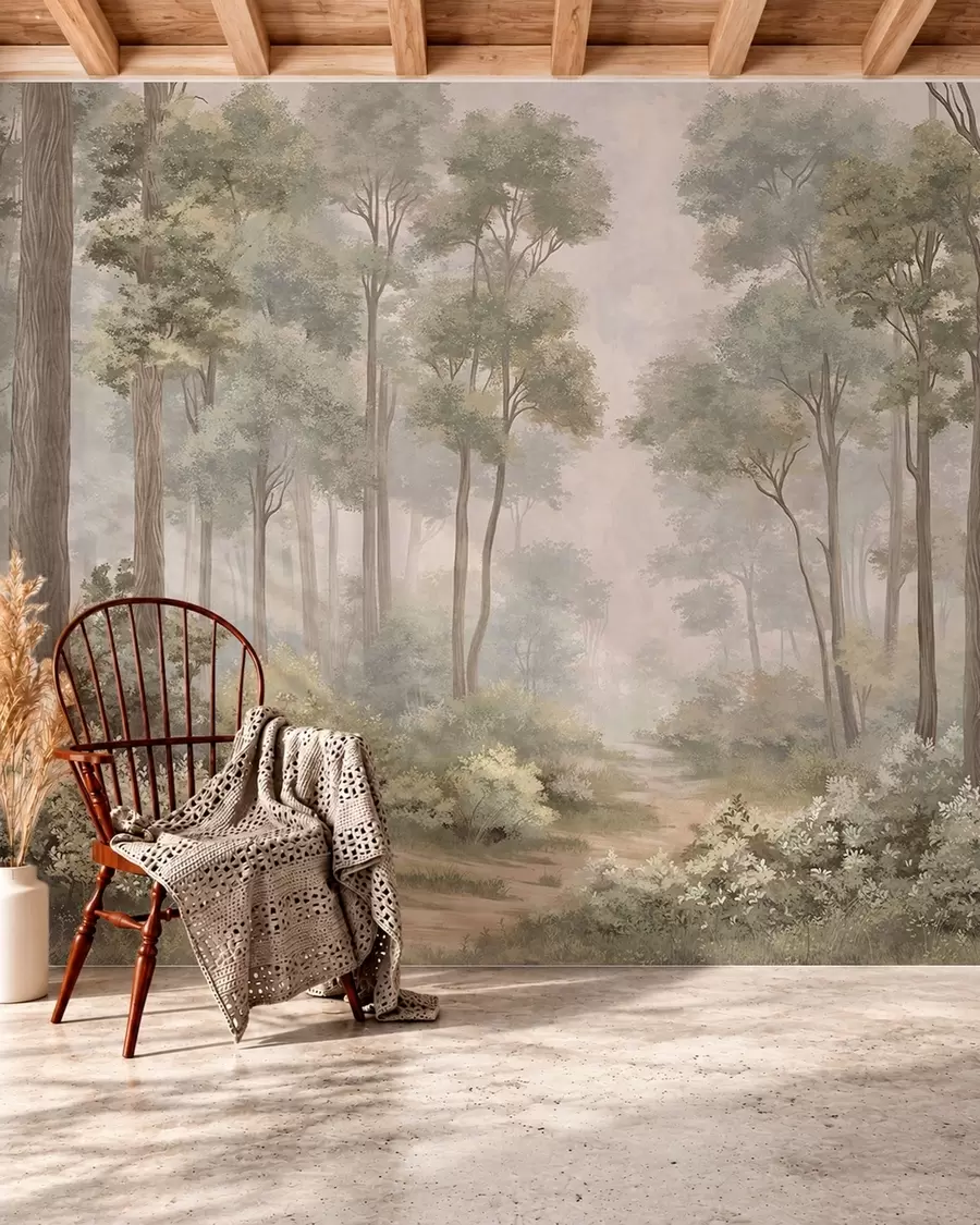 wall murals Misty forest with a path among trees and bushes w05889v2