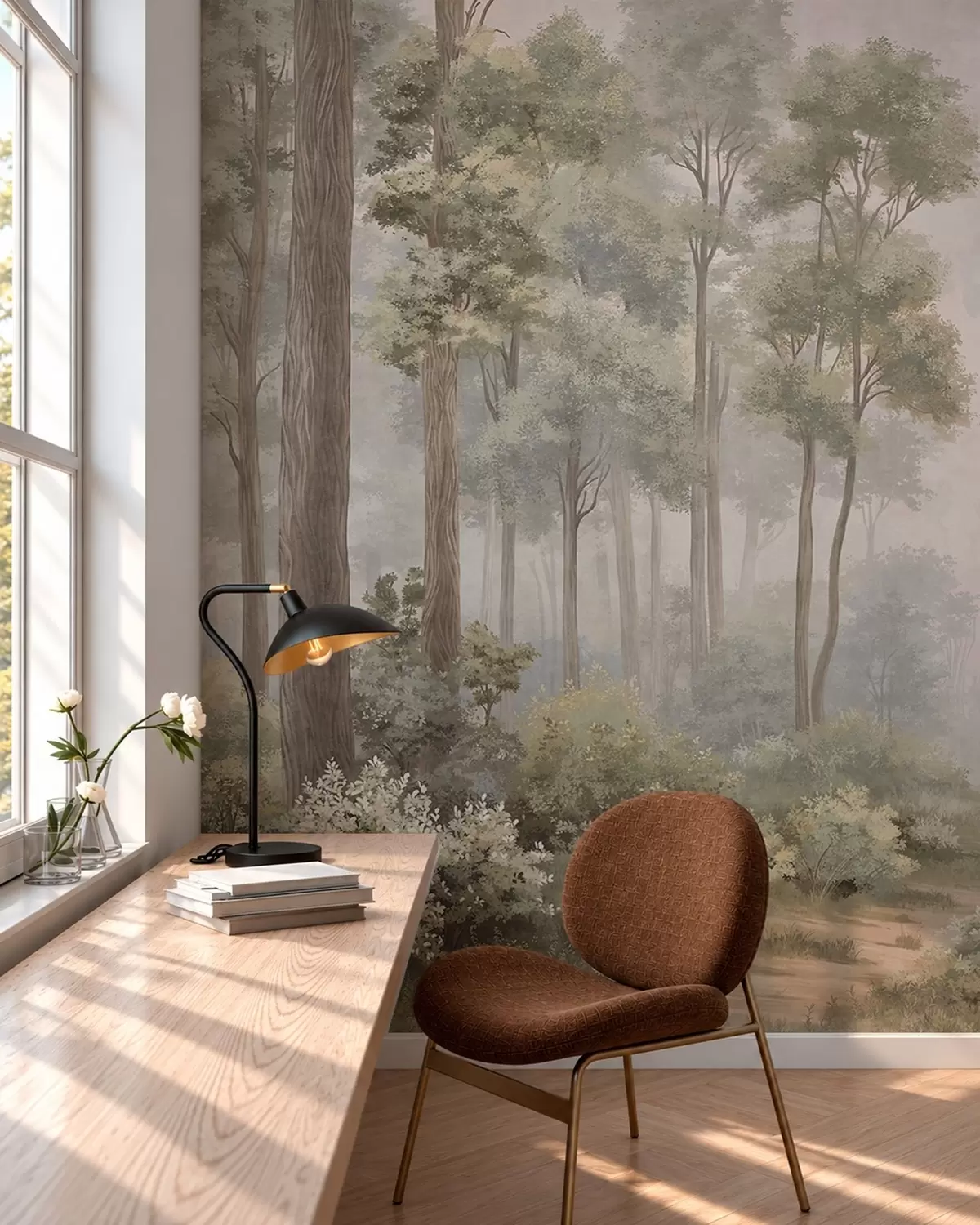 wall murals Misty forest with a path among trees and bushes w05889v2