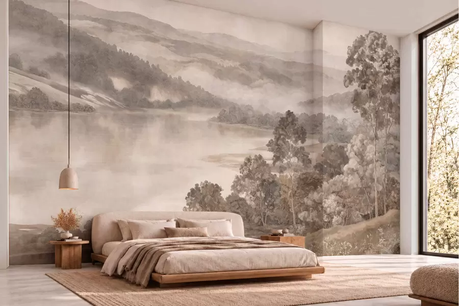 wall murals Calm lake among misty hills and forests w05928