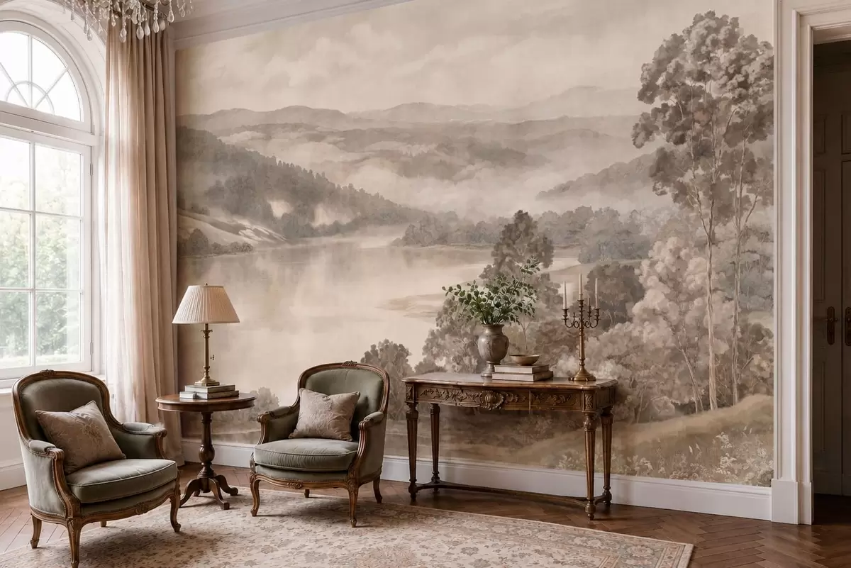 wall murals Calm lake among misty hills and forests w05928