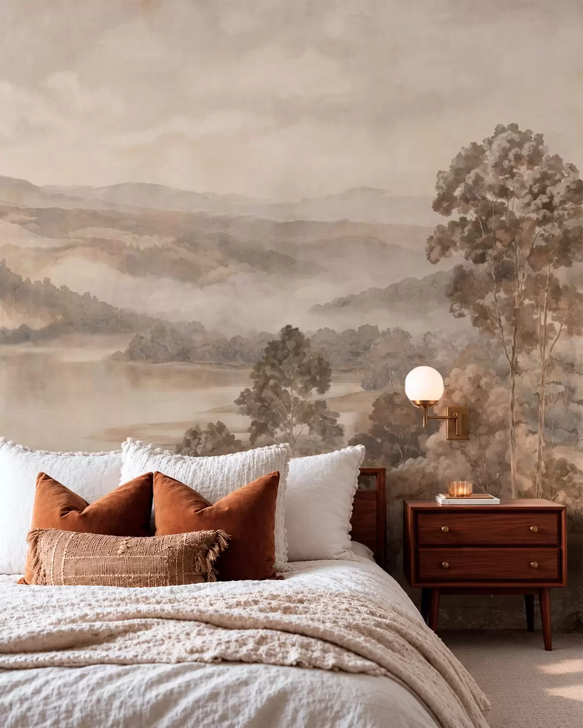 wall murals Lake among wooded mountains in warm pastel tones w05928v1