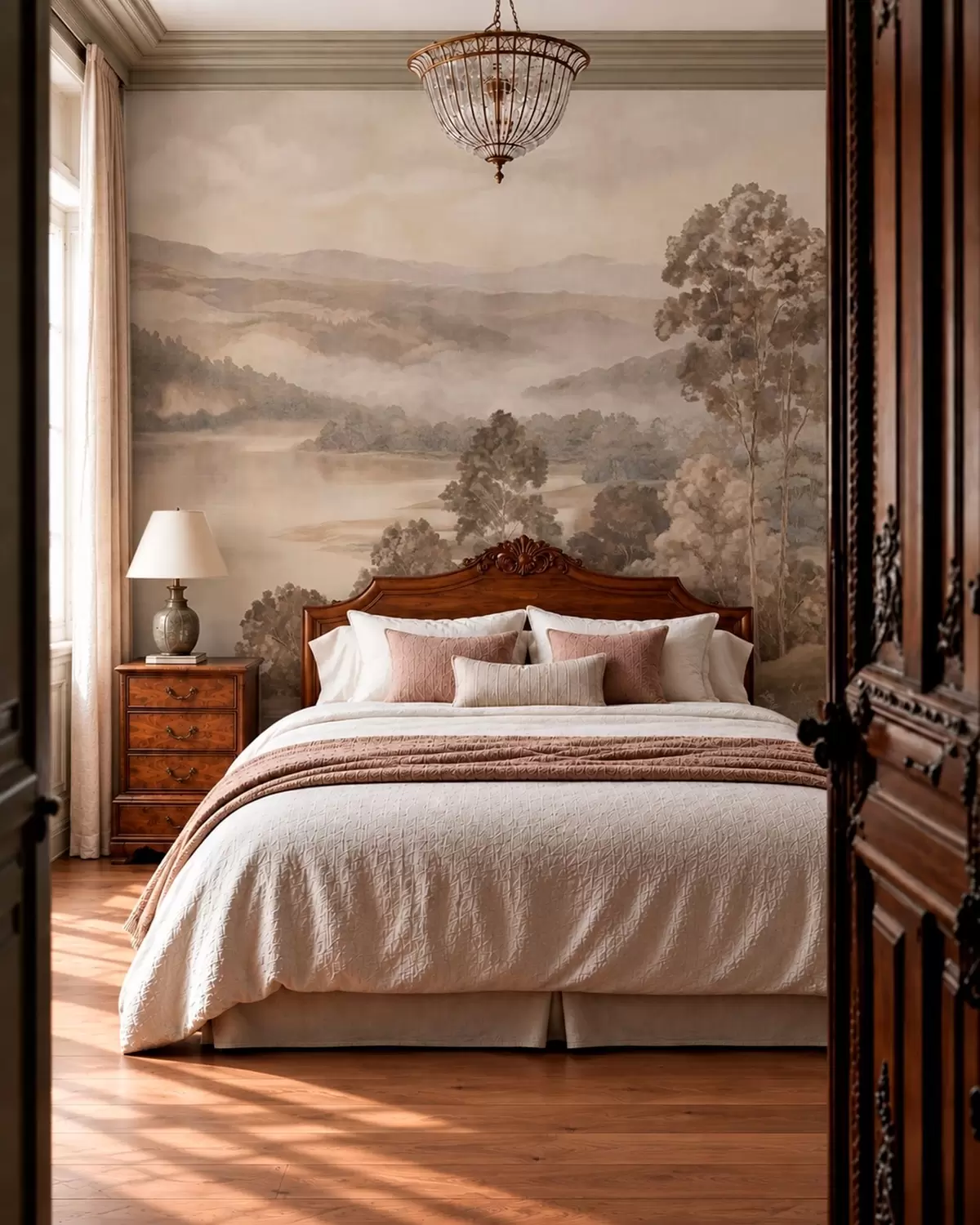 wall murals Lake among wooded mountains in warm pastel tones w05928v1