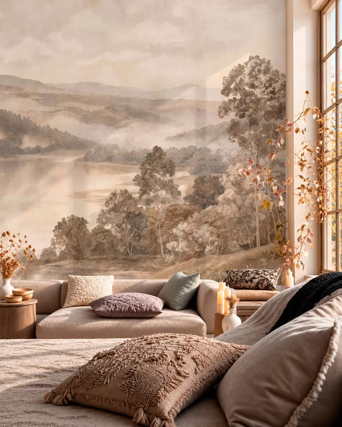 wall murals Lake among wooded mountains in warm pastel tones w05928v1
