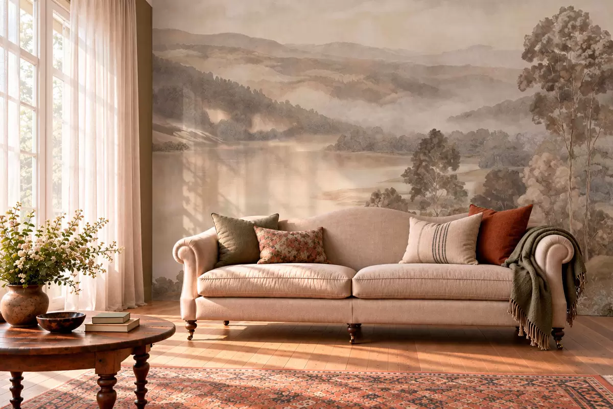 wall murals Lake among wooded mountains in warm pastel tones w05928v1