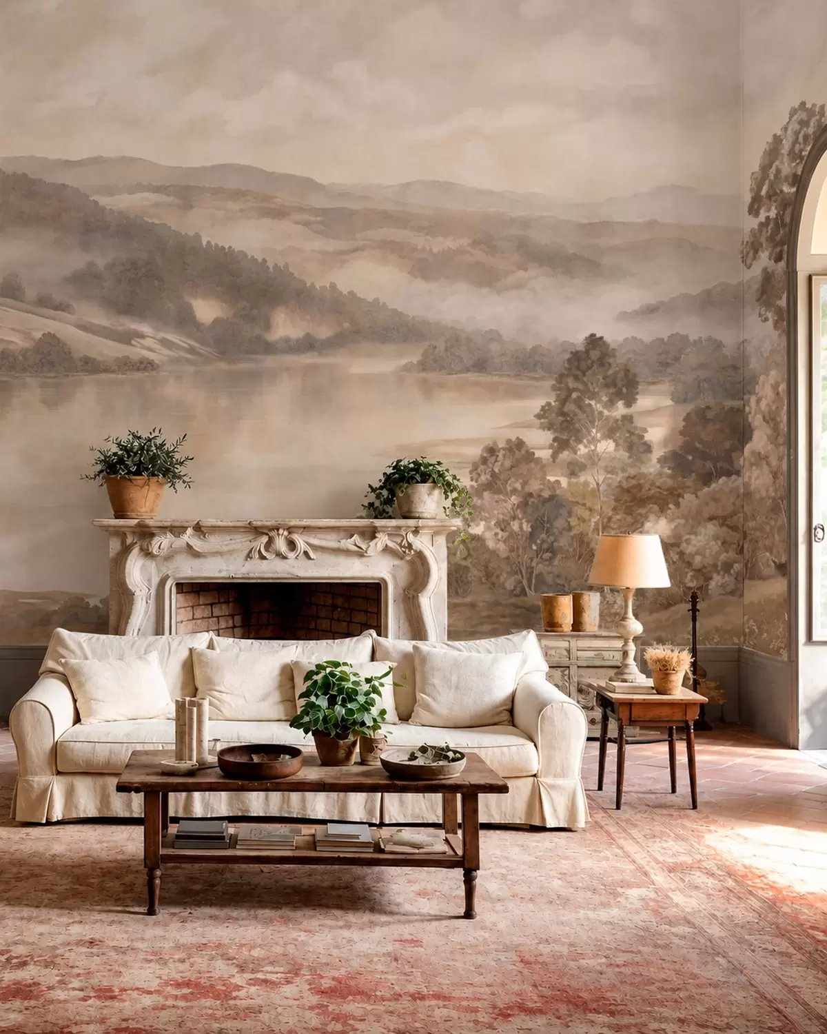wall murals Lake among wooded mountains in warm pastel tones w05928v1