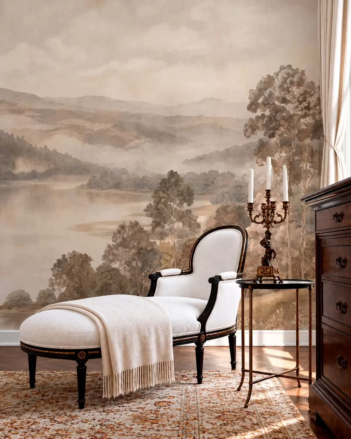 wall murals Lake among wooded mountains in warm pastel tones w05928v1
