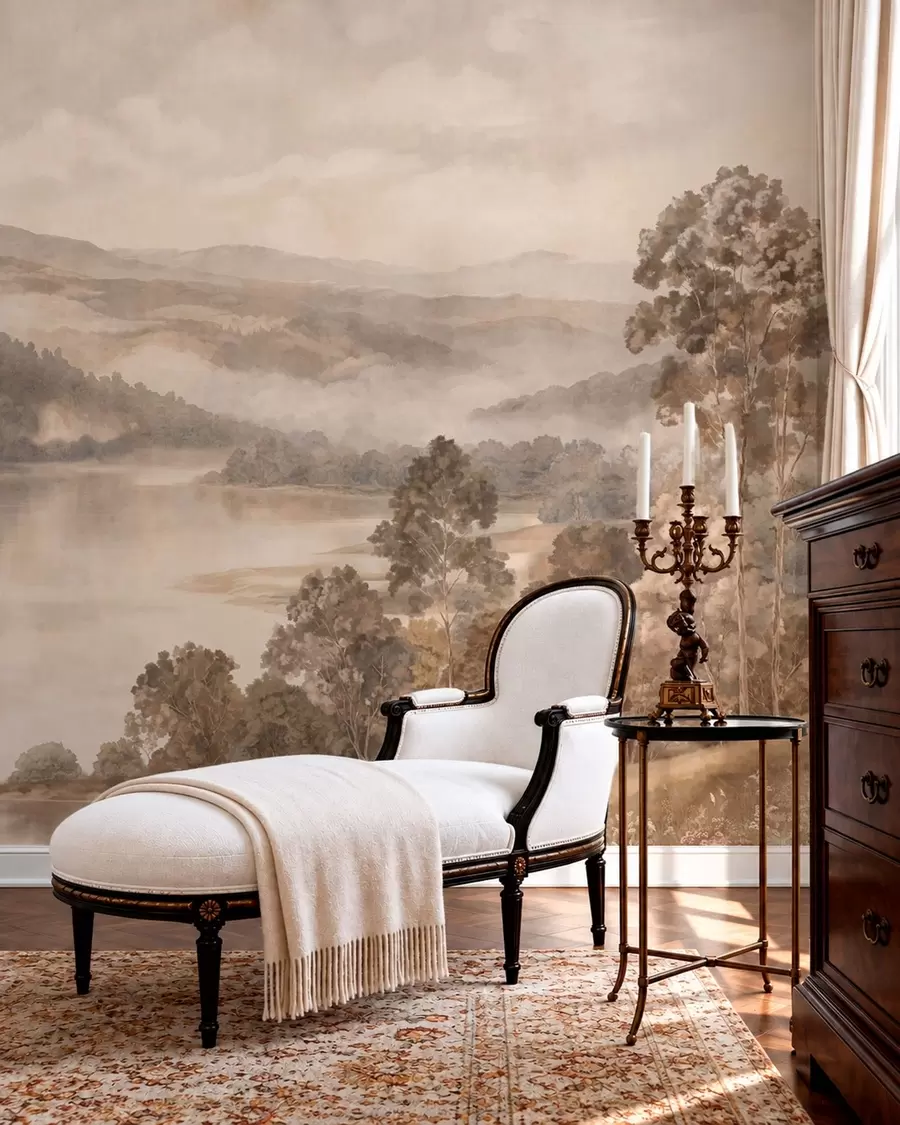 wall murals Lake among wooded mountains in warm pastel tones w05928v1