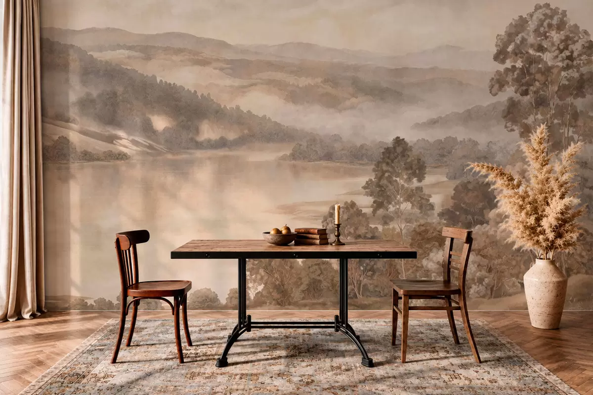 wall murals Lake among wooded mountains in warm pastel tones w05928v1