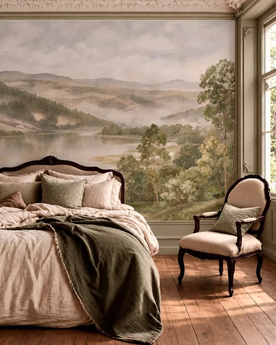 wall murals Misty mountain landscape with a lake and trees w05928v2