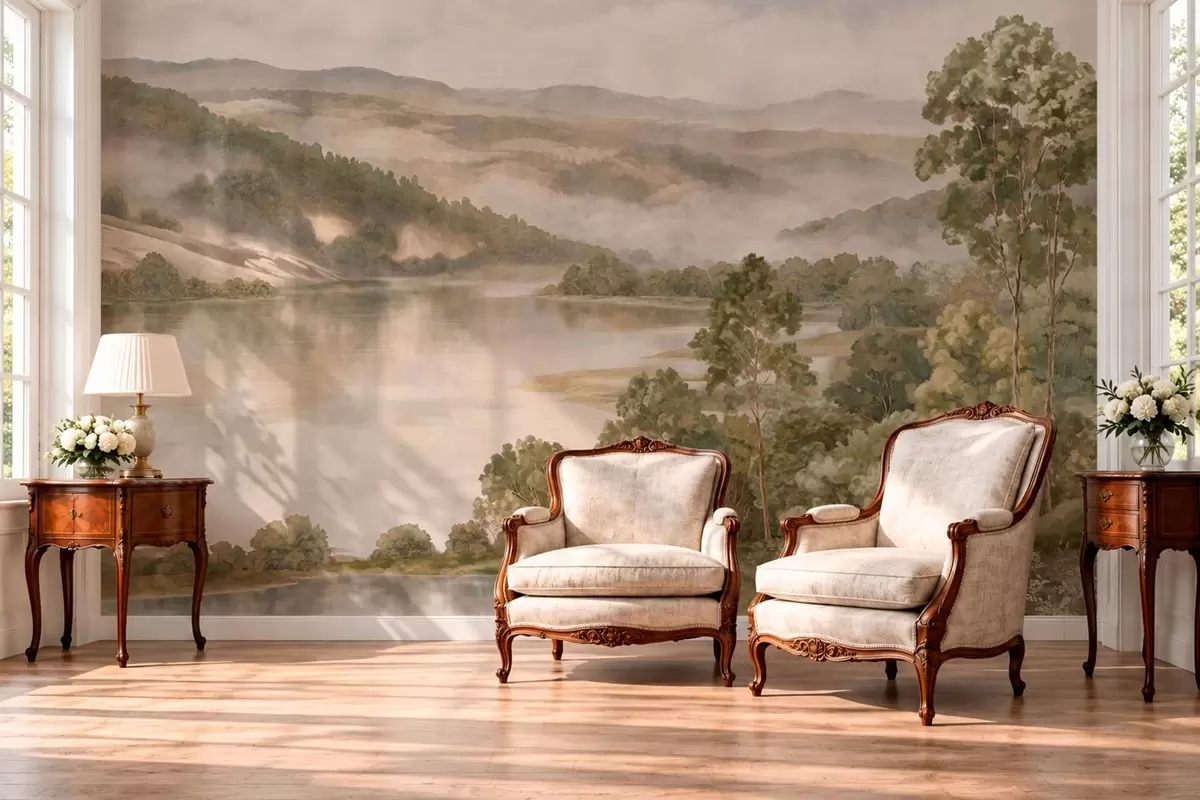 wall murals Misty mountain landscape with a lake and trees w05928v2