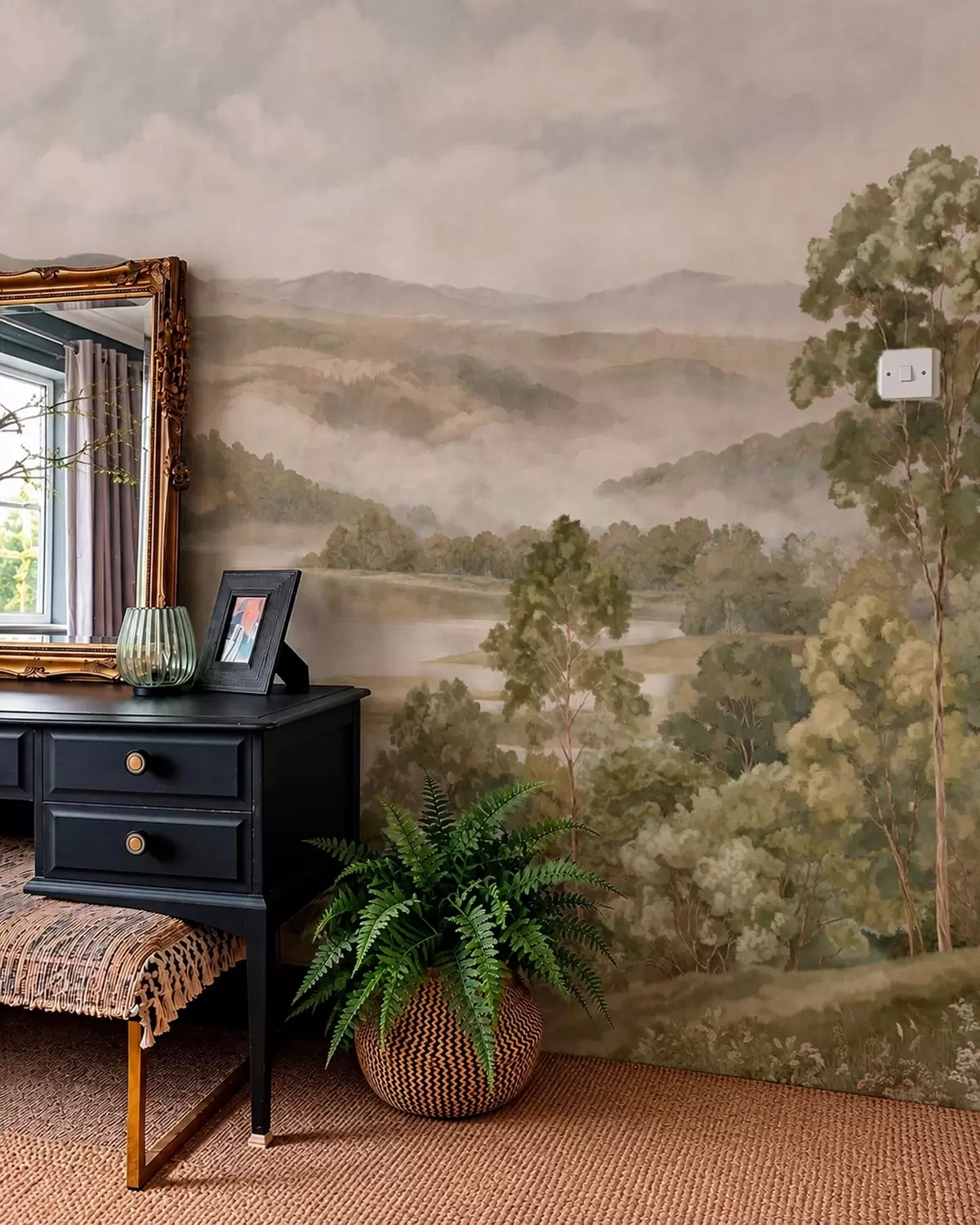 wall murals Misty mountain landscape with a lake and trees w05928v2