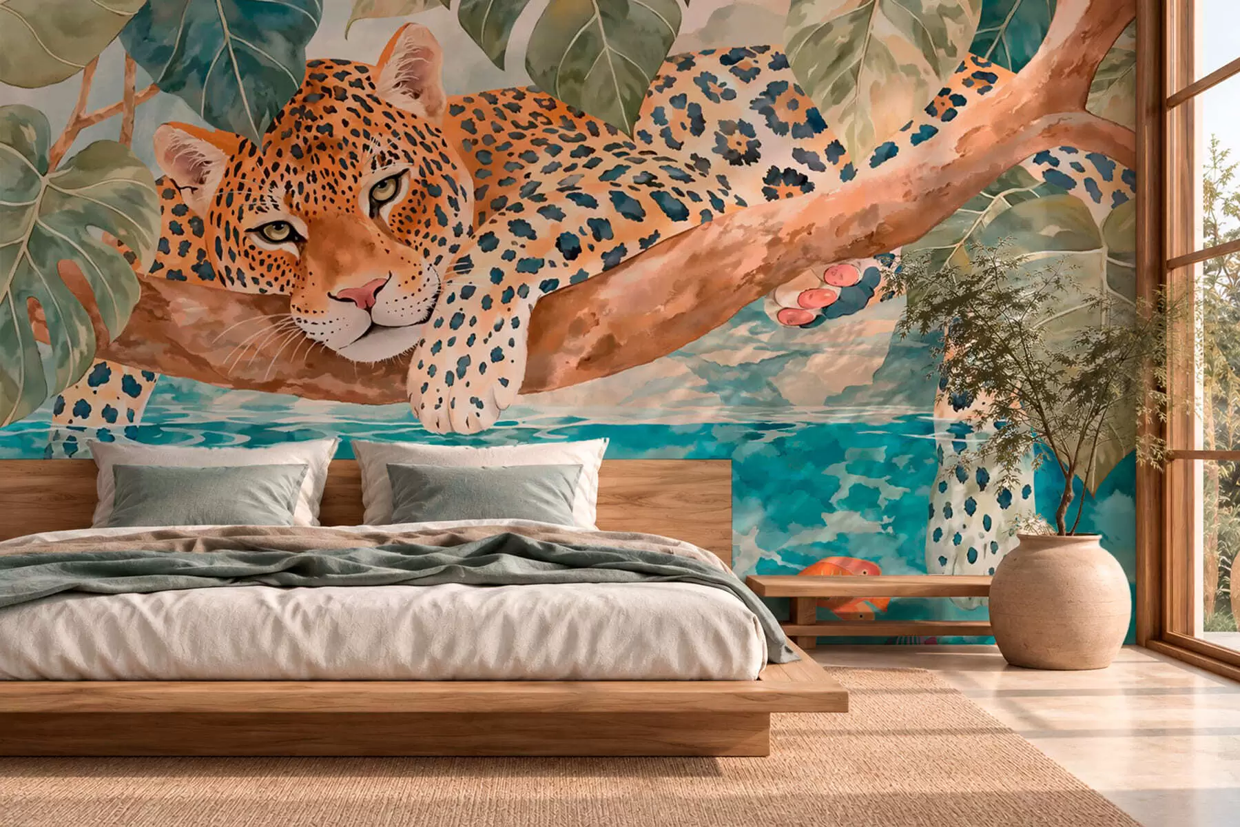 wall murals Leopard on a branch above water with colorful fish w05954