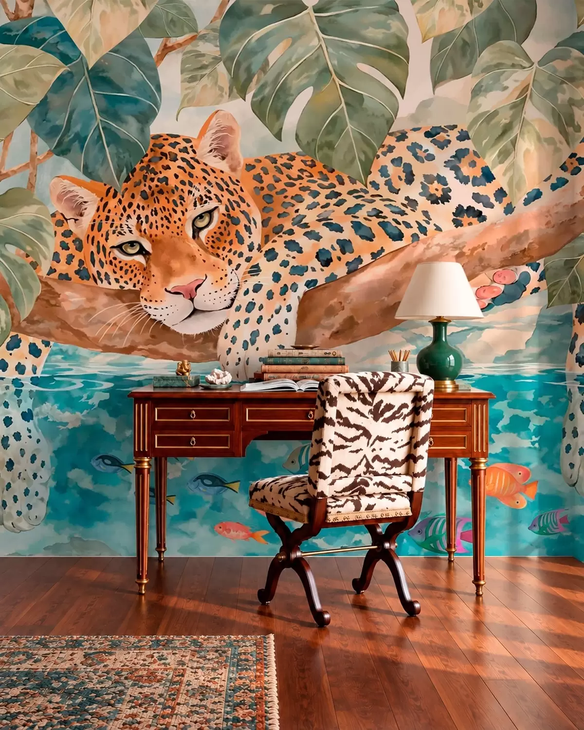 wall murals Leopard on a branch above water with colorful fish w05954