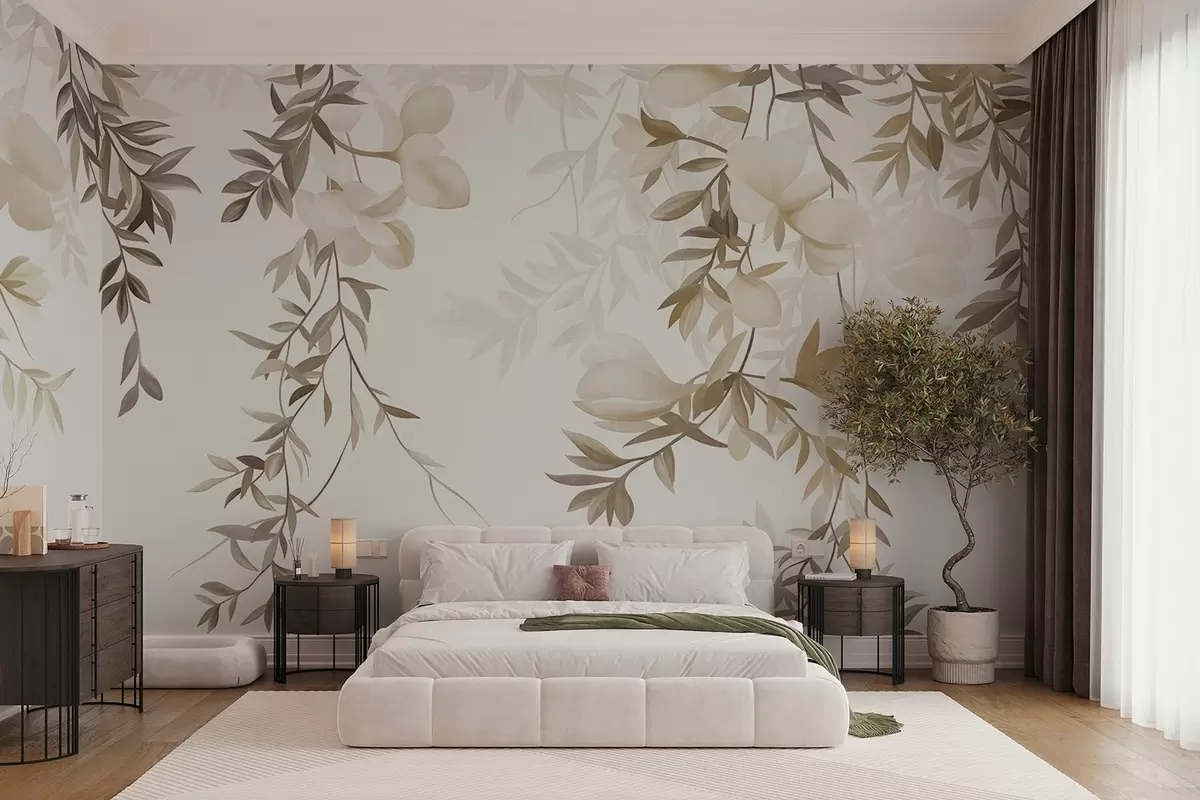 wall murals Hanging willow branches and soft blooming flowers in muted beige tones w10081