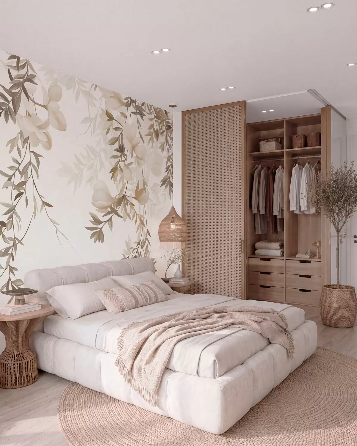 wall murals Hanging willow branches and soft blooming flowers in muted beige tones w10081