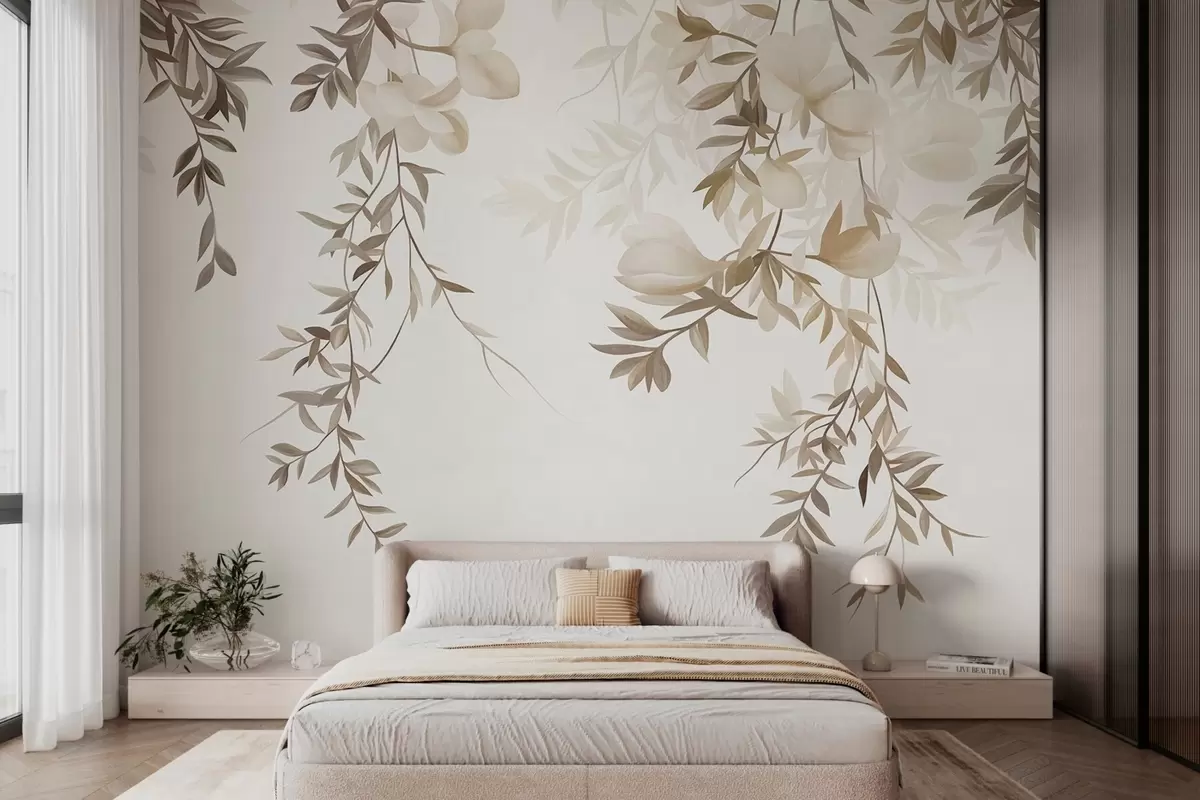 wall murals Hanging willow branches and soft blooming flowers in muted beige tones w10081