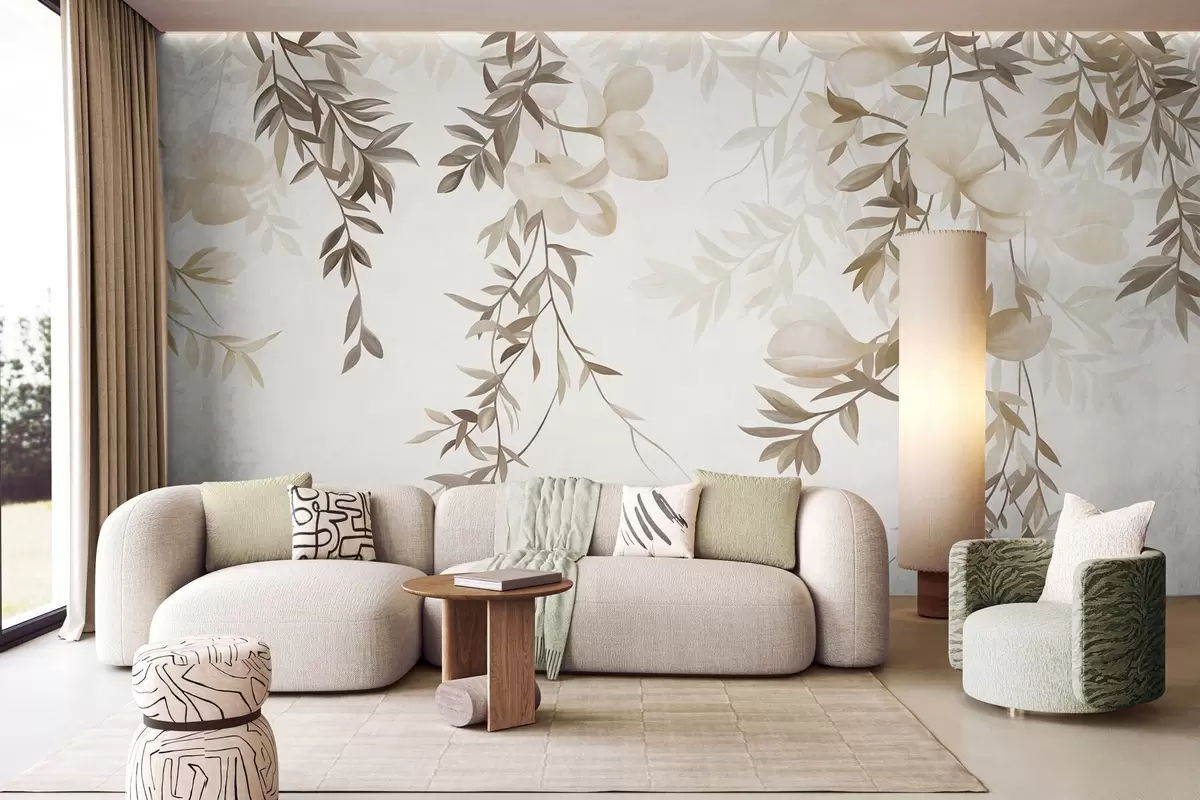 wall murals Hanging willow branches and soft blooming flowers in muted beige tones w10081
