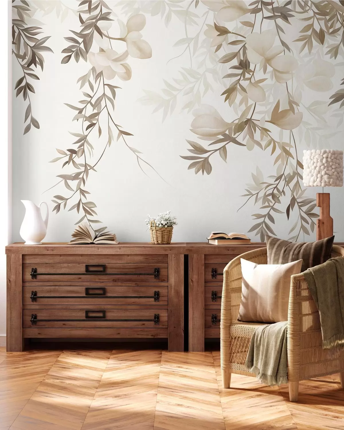 wall murals Hanging willow branches and soft blooming flowers in muted beige tones w10081