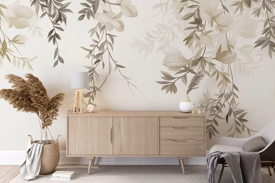 wall murals Hanging willow branches and soft blooming flowers in muted beige tones w10081
