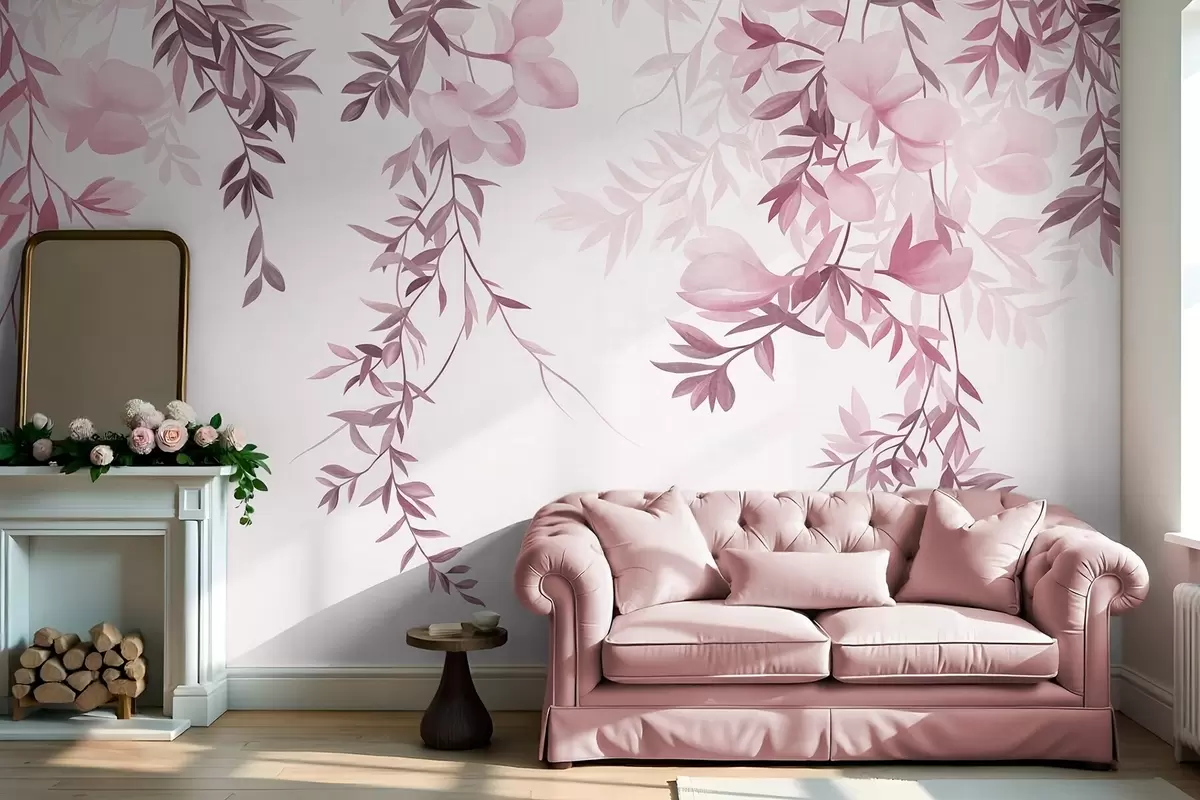 wall murals Hanging willow branches and soft blooming flowers in muted pink tones w10081v1