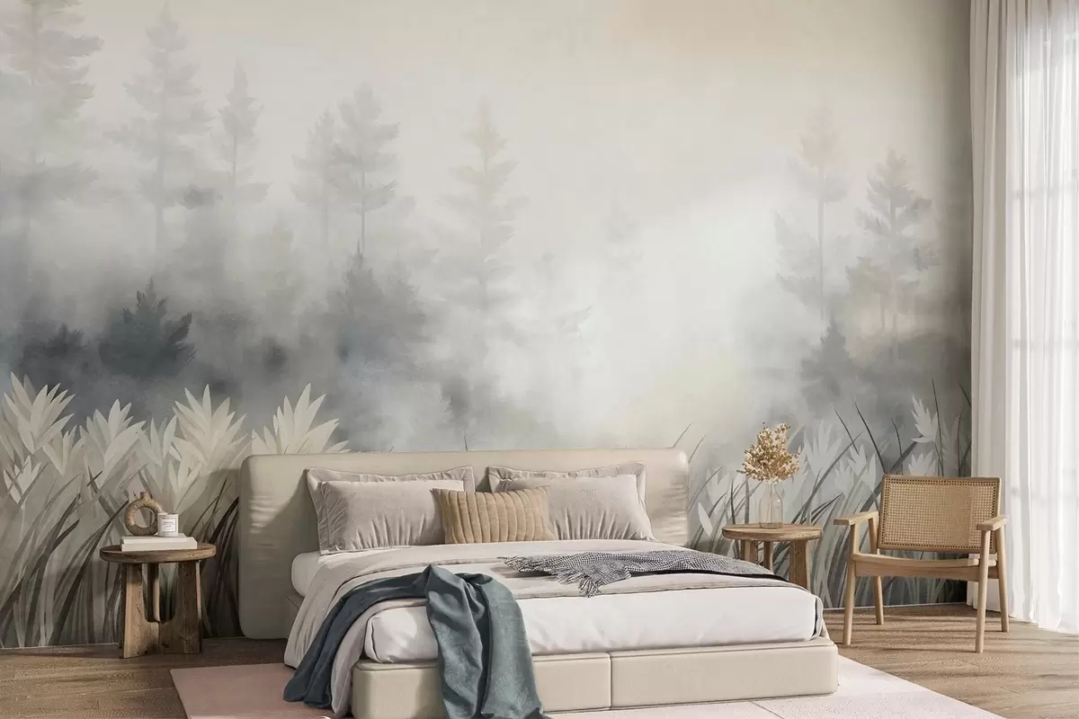 wall murals Landscape with tall wild grass and pine tree forest, minimalistic textured style w10082