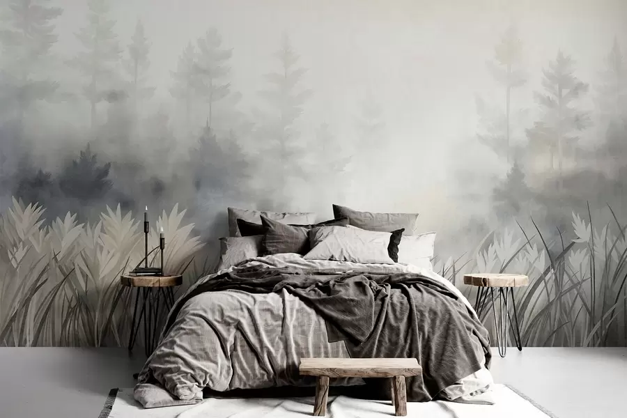 wall murals Landscape with tall wild grass and pine tree forest, minimalistic textured style w10082