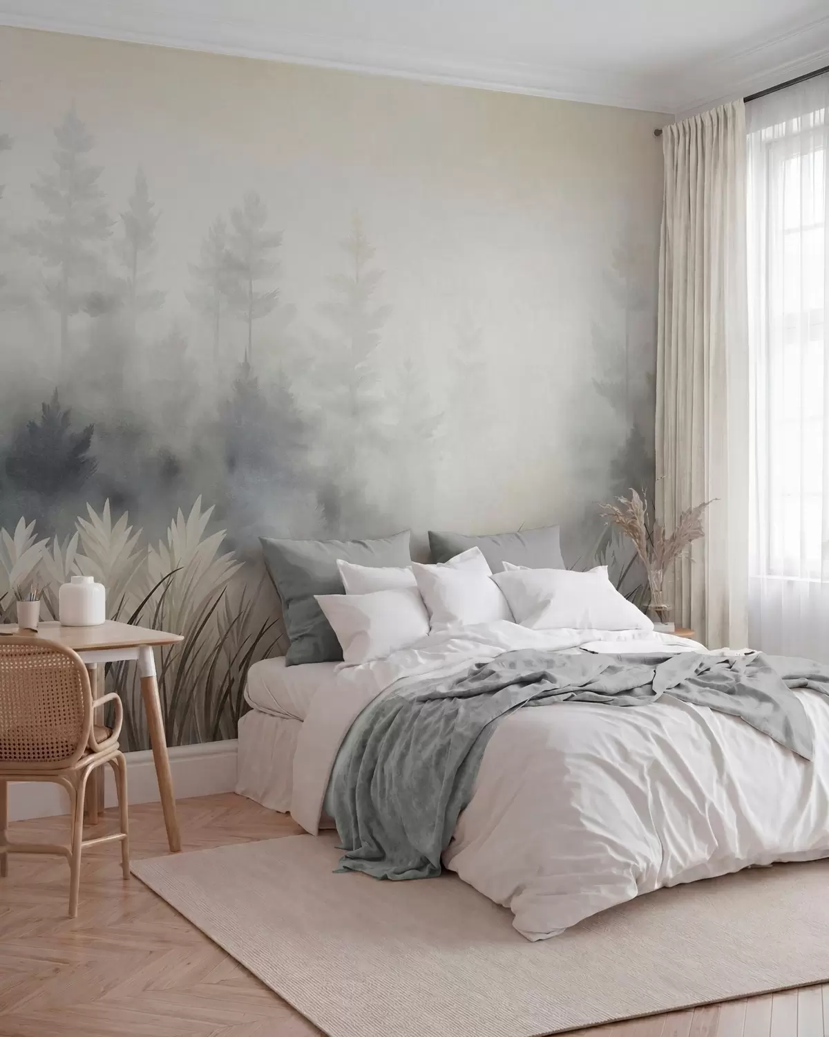 wall murals Landscape with tall wild grass and pine tree forest, minimalistic textured style w10082
