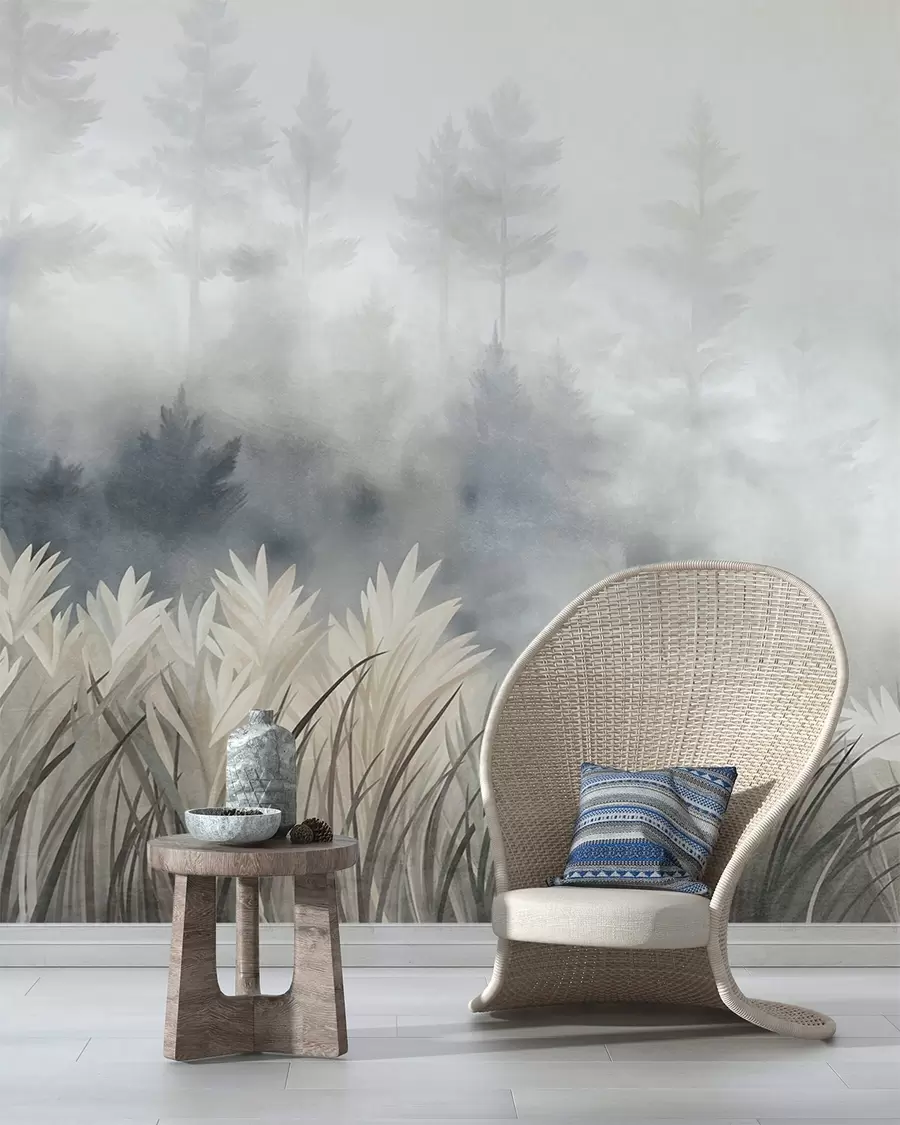 wall murals Landscape with tall wild grass and pine tree forest, minimalistic textured style w10082
