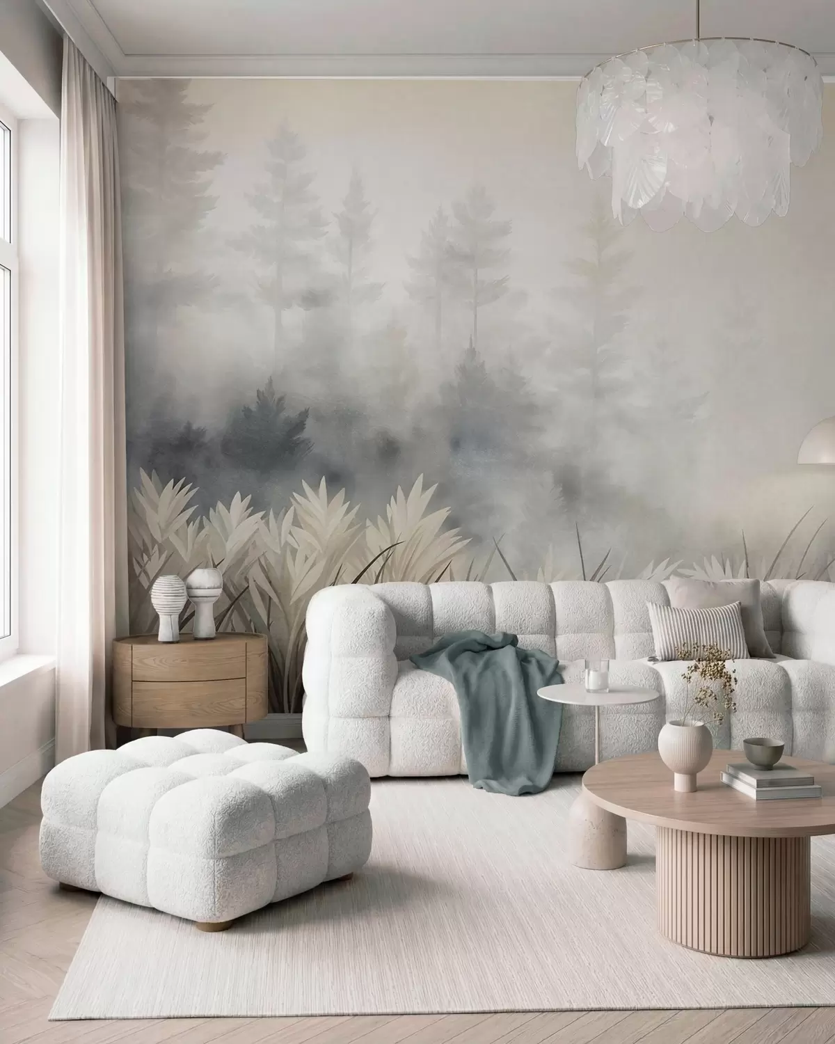 wall murals Landscape with tall wild grass and pine tree forest, minimalistic textured style w10082