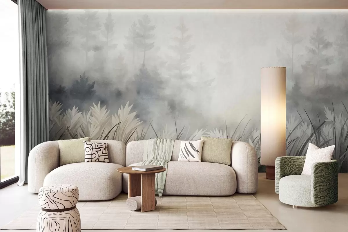 wall murals Landscape with tall wild grass and pine tree forest, minimalistic textured style w10082