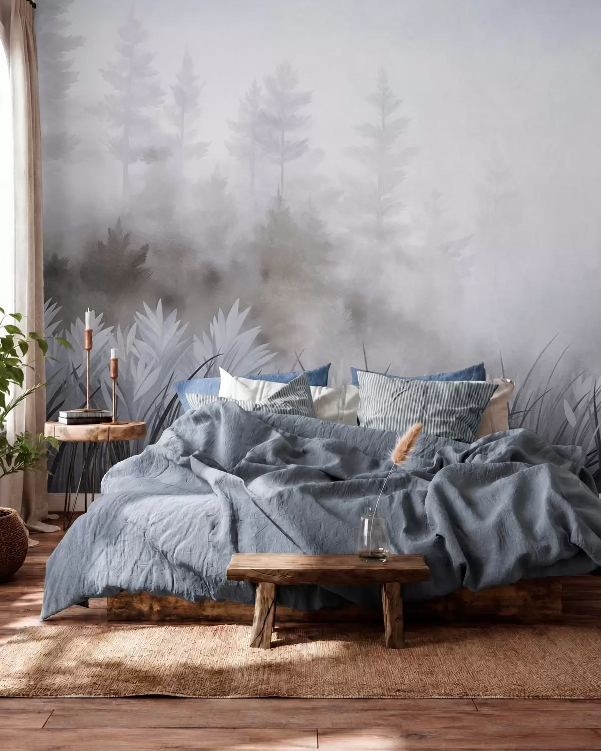 wall murals Landscape with tall wild grass and pine tree forest, minimalistic textured style w10082v1