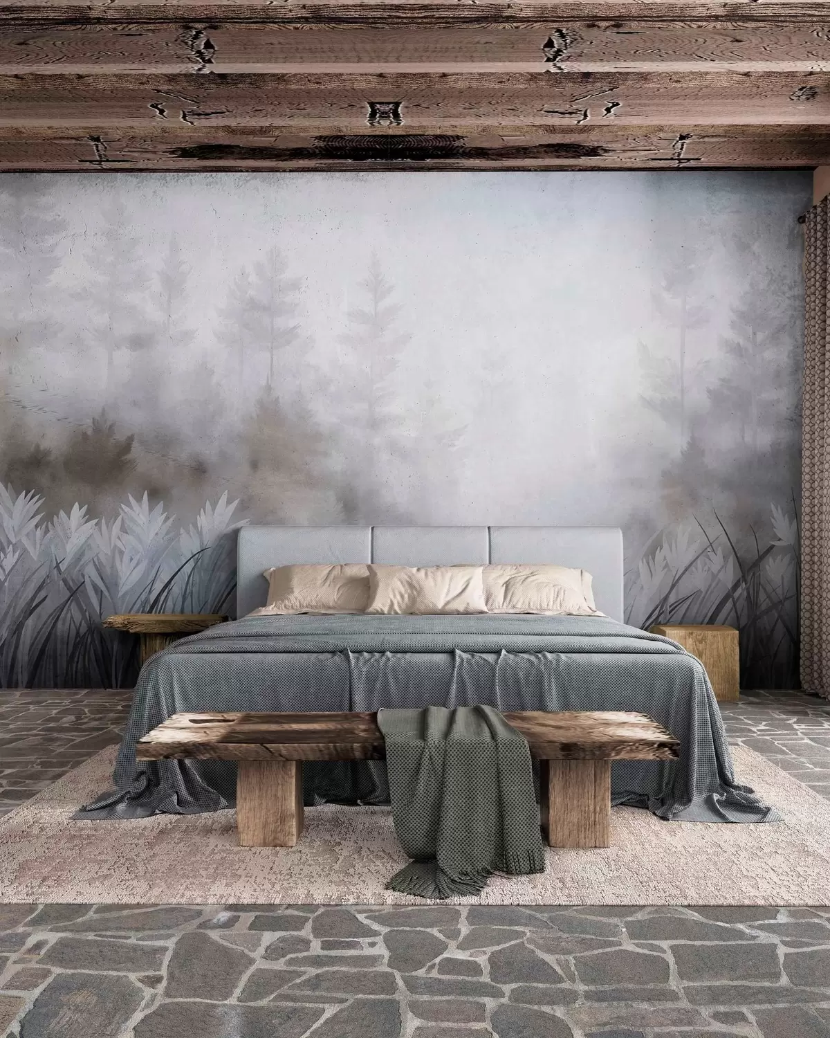 wall murals Landscape with tall wild grass and pine tree forest, minimalistic textured style w10082v1