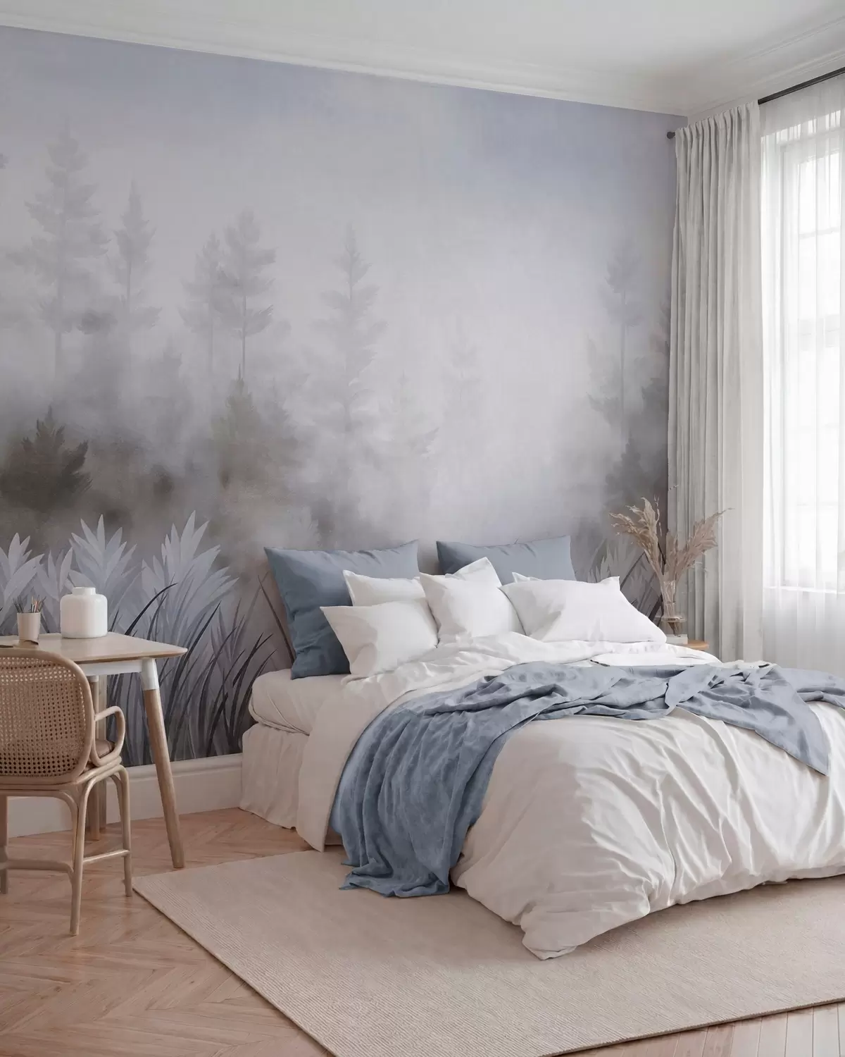 wall murals Landscape with tall wild grass and pine tree forest, minimalistic textured style w10082v1