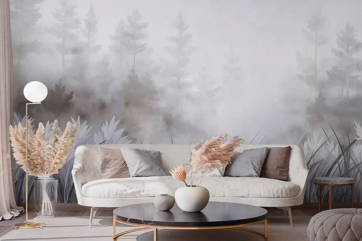 wall murals Landscape with tall wild grass and pine tree forest, minimalistic textured style w10082v1