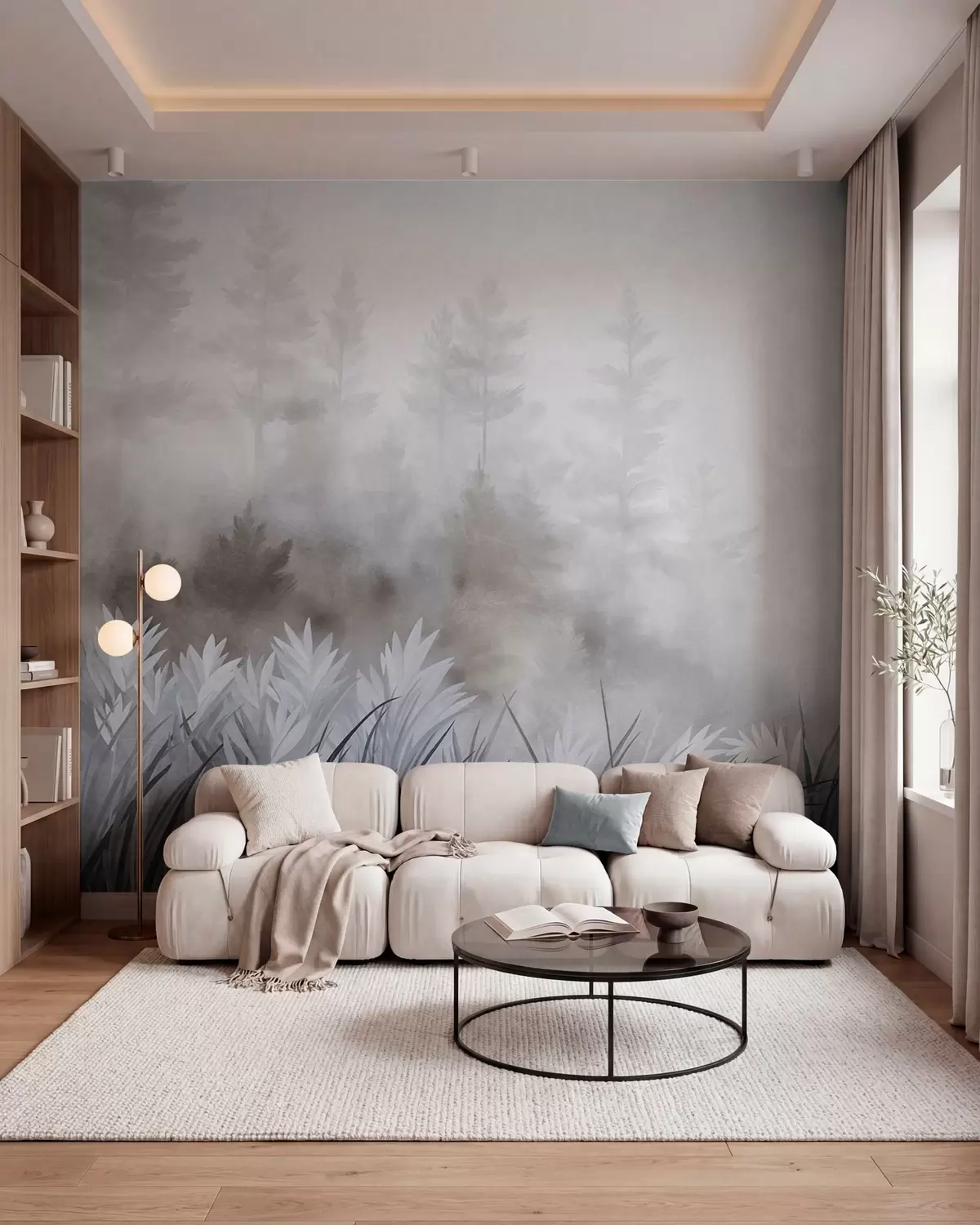 wall murals Landscape with tall wild grass and pine tree forest, minimalistic textured style w10082v1