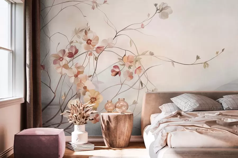 wall murals Winding vines with delicate peach and cream-colored blooming flowers w10083