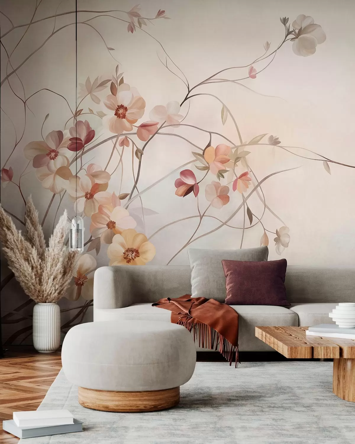 wall murals Winding vines with delicate peach and cream-colored blooming flowers w10083