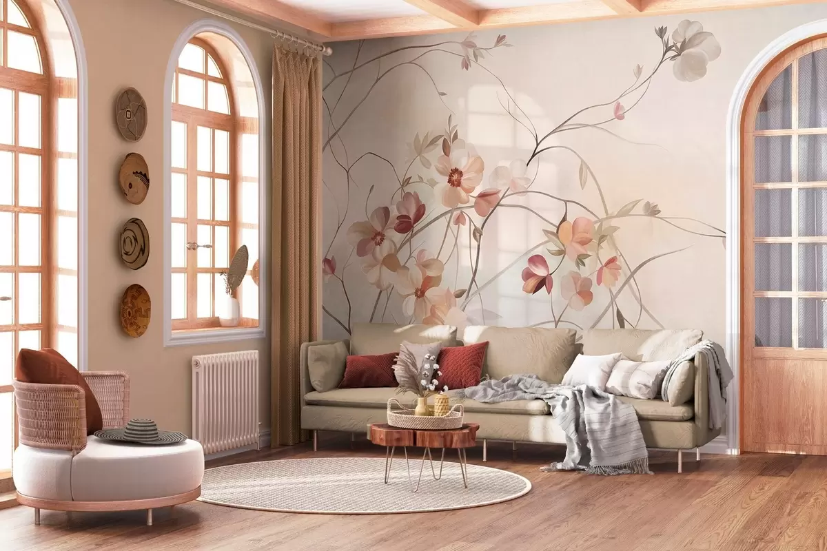 wall murals Winding vines with delicate peach and cream-colored blooming flowers w10083