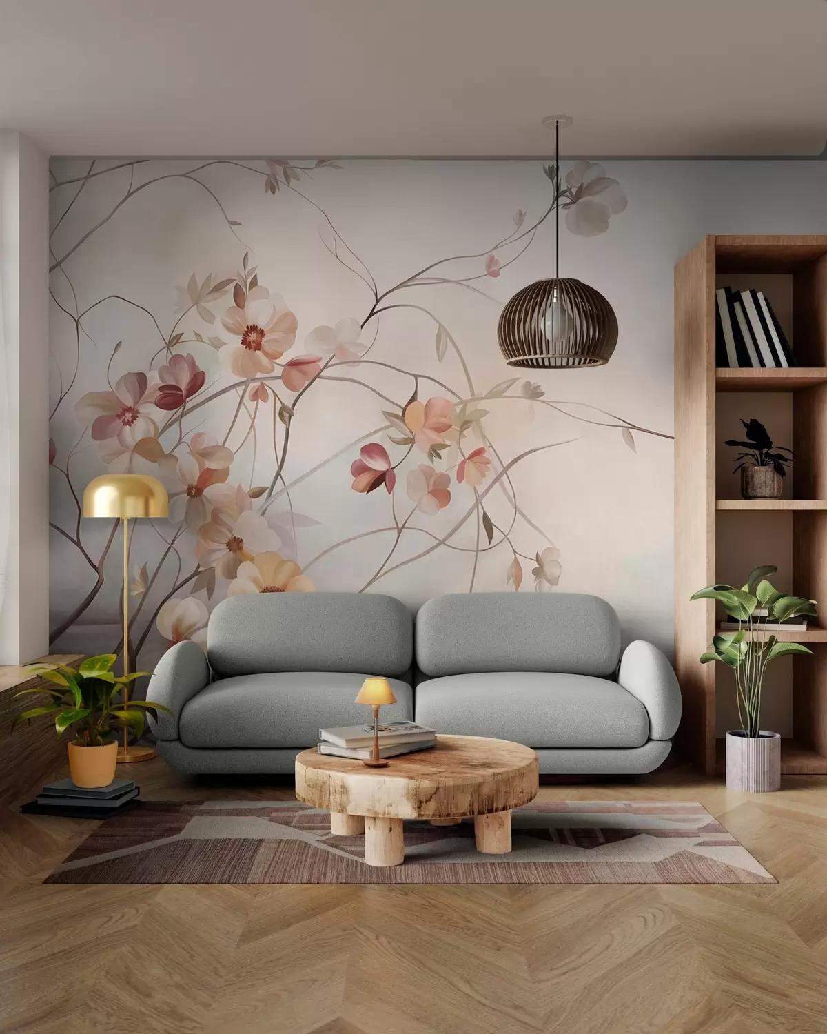 wall murals Winding vines with delicate peach and cream-colored blooming flowers w10083