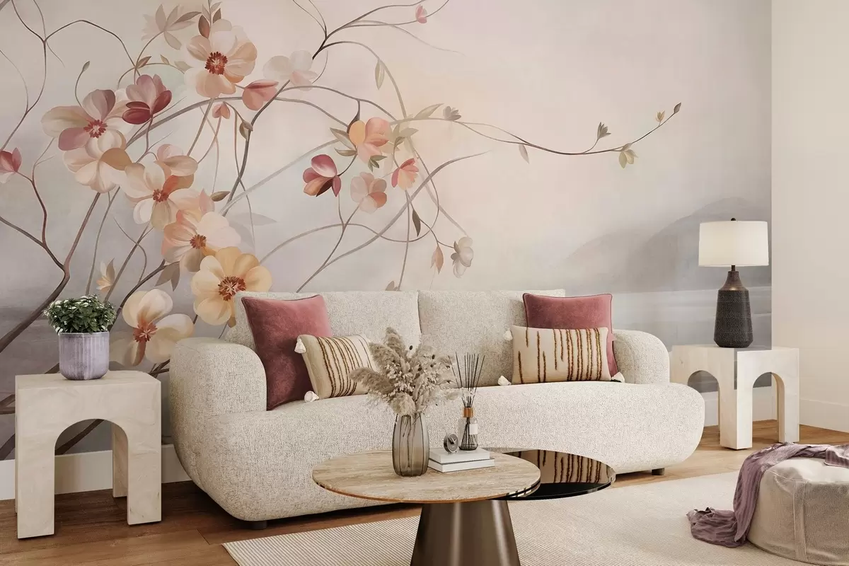 wall murals Winding vines with delicate peach and cream-colored blooming flowers w10083