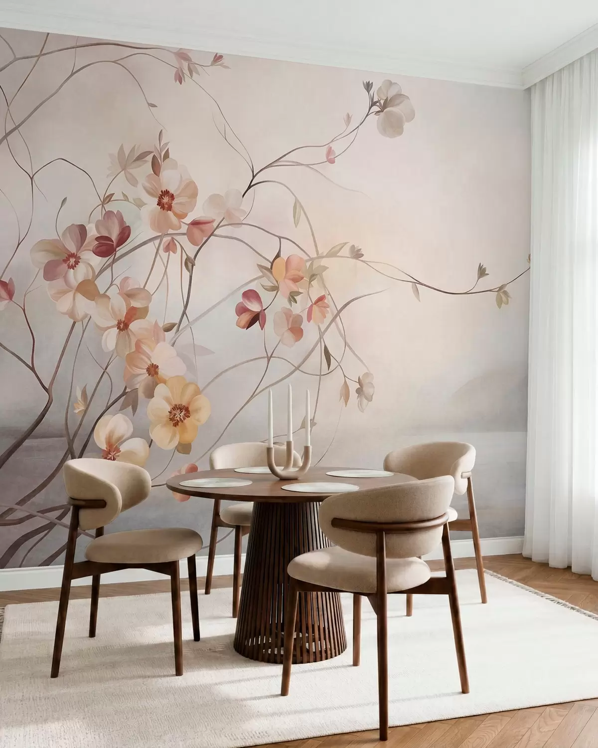 wall murals Winding vines with delicate peach and cream-colored blooming flowers w10083