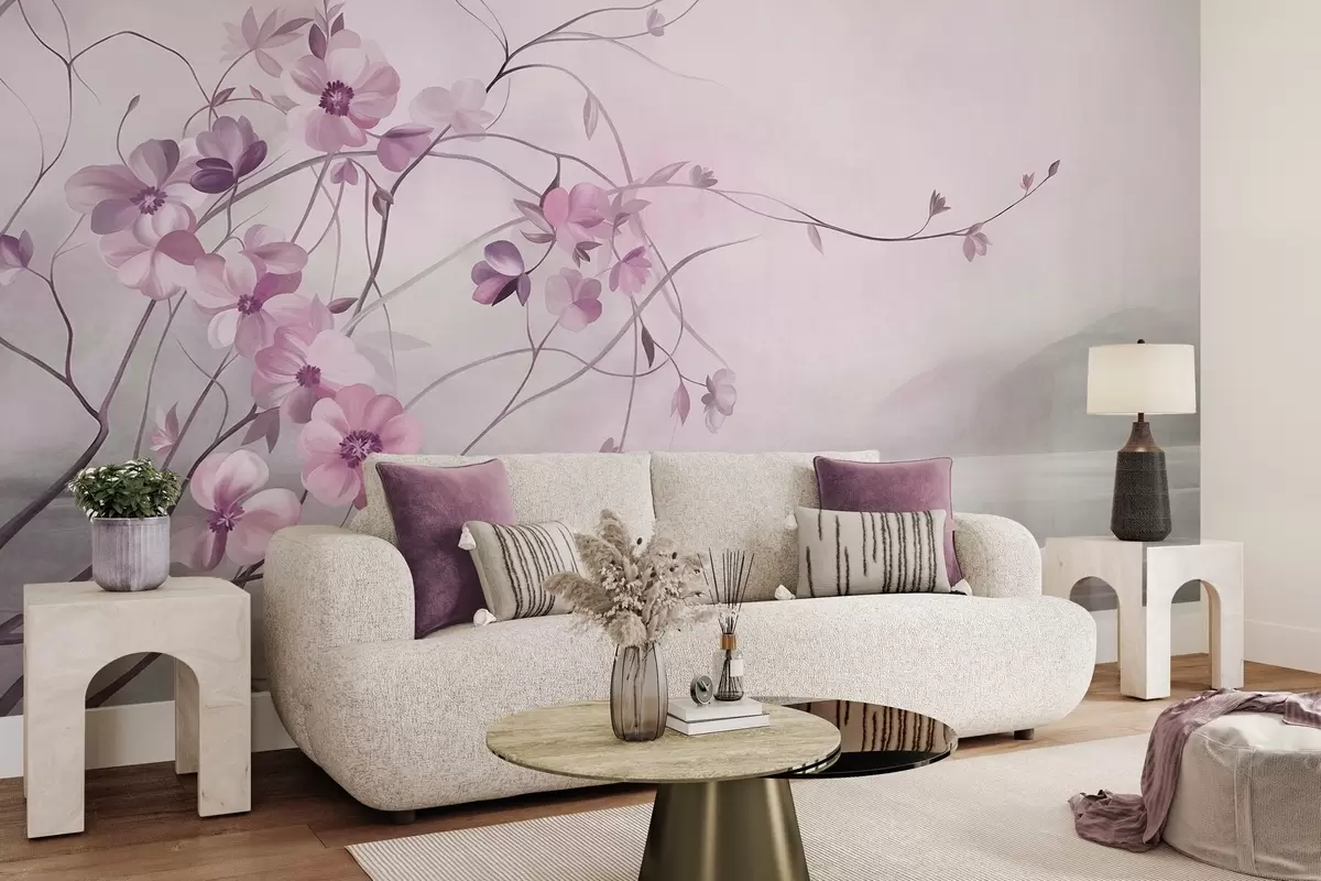 wall murals Winding vines with delicate muted pink blooming flowers w10083v1