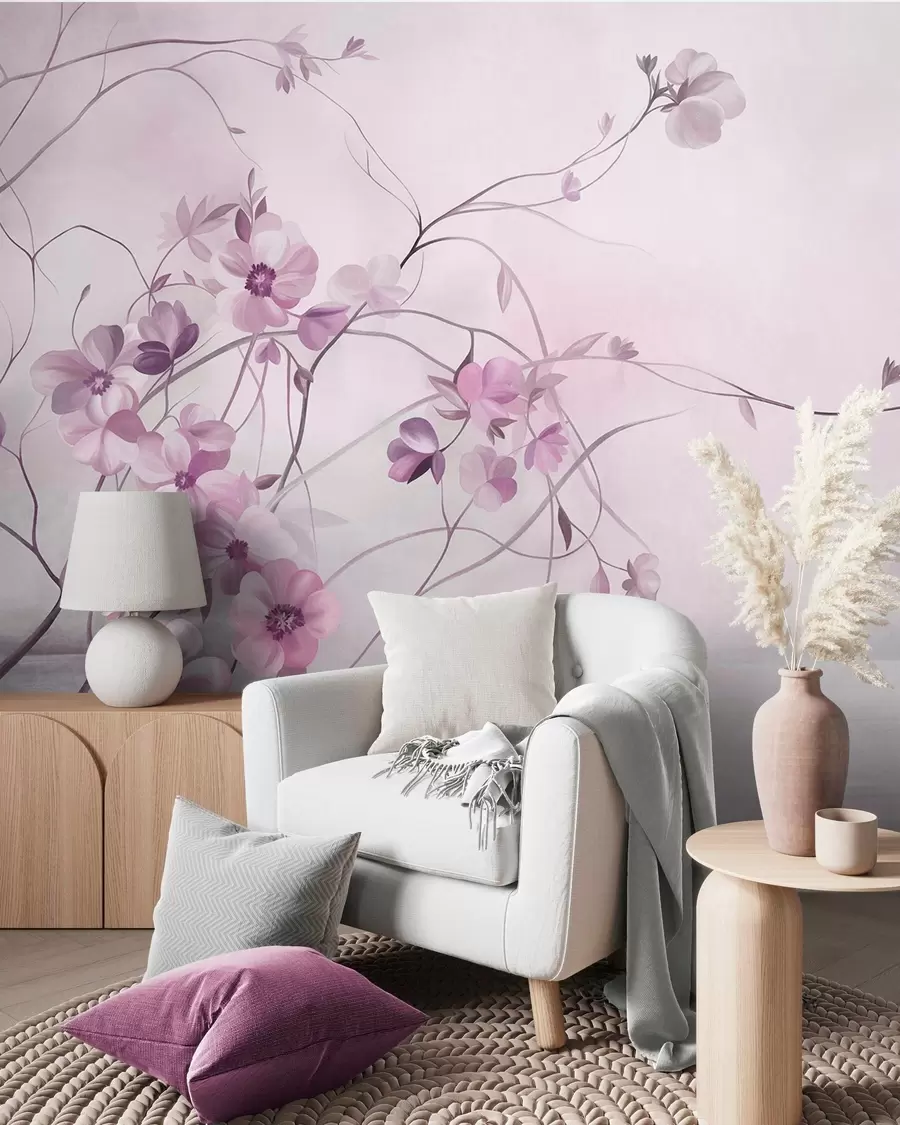 wall murals Winding vines with delicate muted pink blooming flowers w10083v1