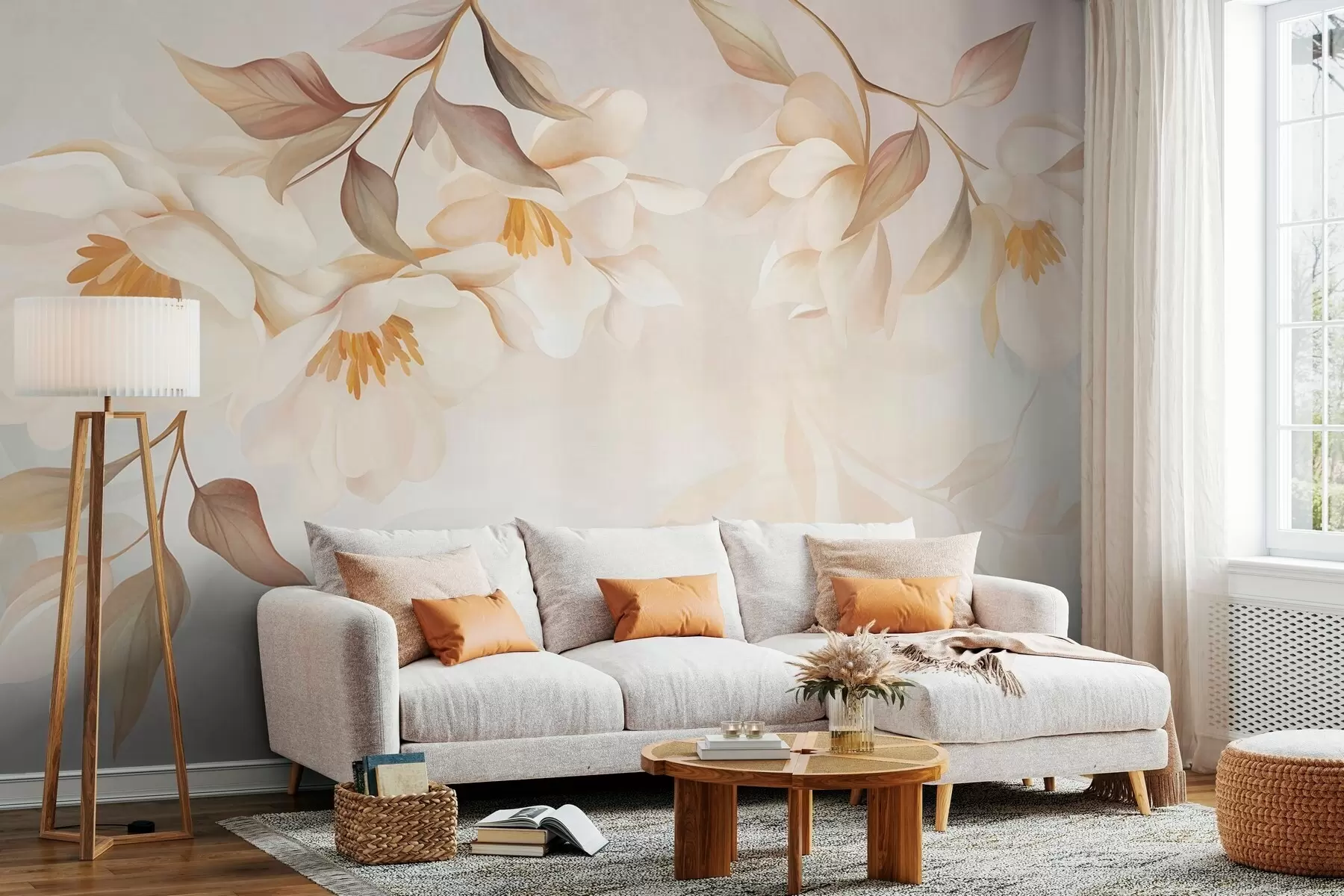 wall murals Magnolia blossoms with delicate brown leaves hanging from the branches w10086