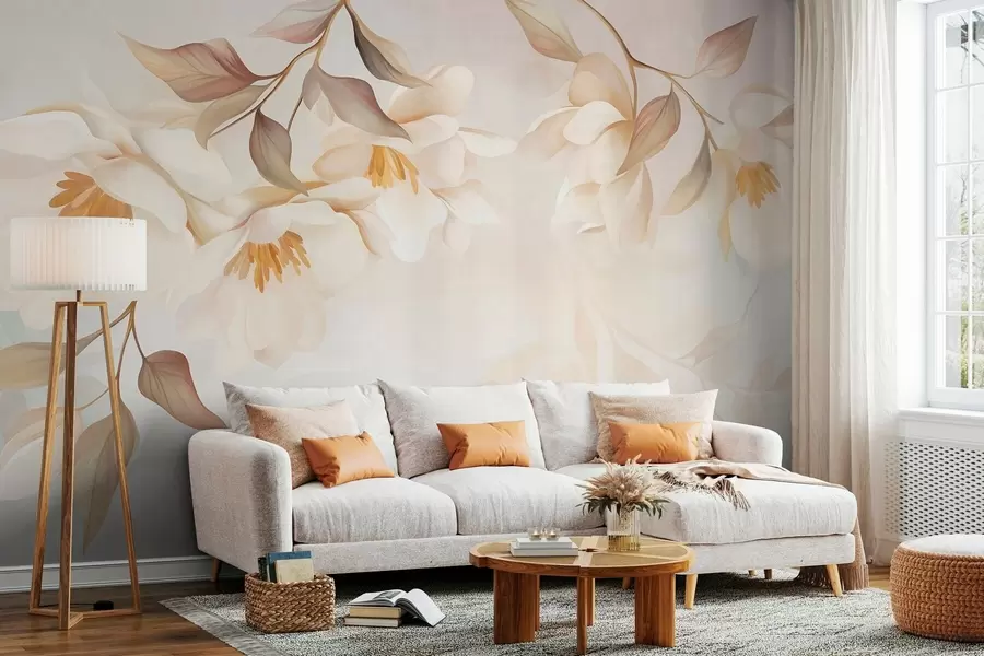 wall murals Magnolia blossoms with delicate brown leaves hanging from the branches w10086