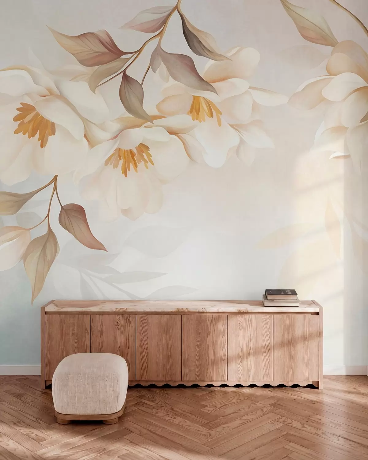 wall murals Magnolia blossoms with delicate brown leaves hanging from the branches w10086